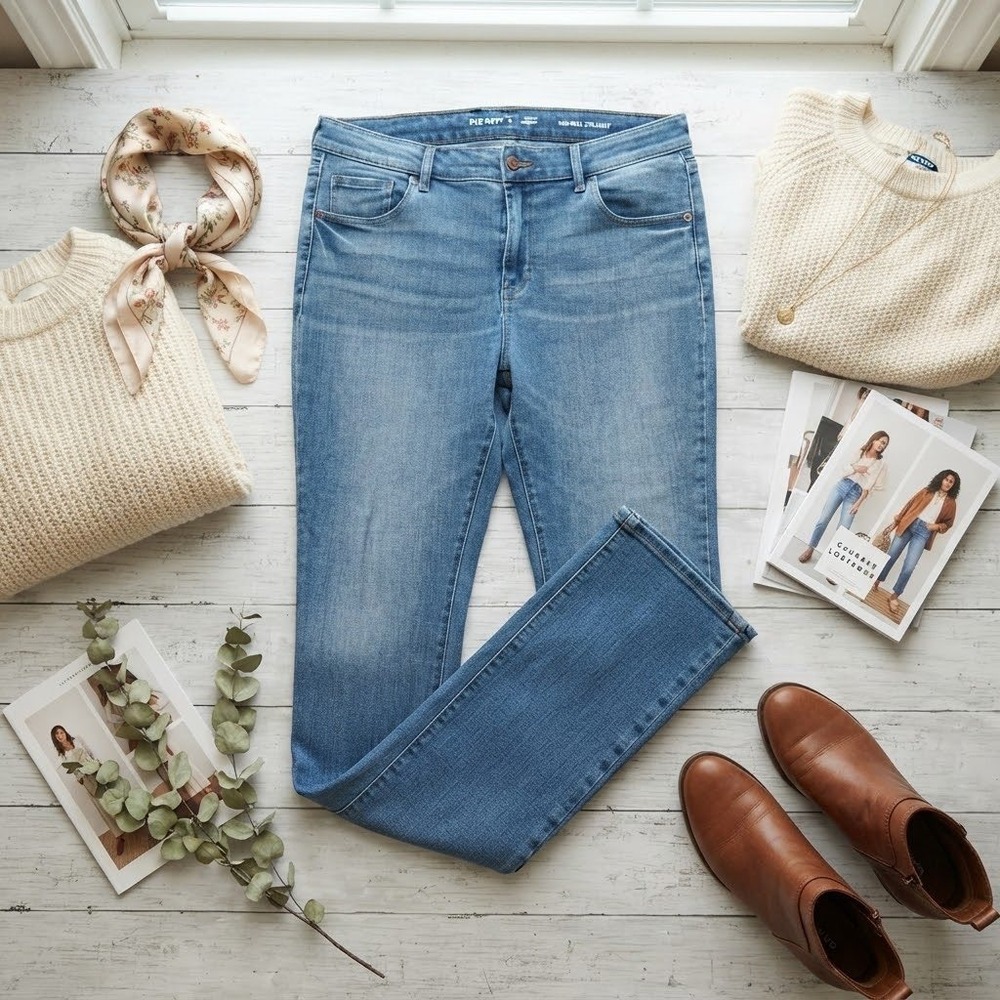 Old Navy Power Slim Straight Jeans Womens 16 Long Mid Rise Medium Wash Blue